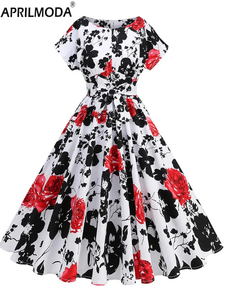 50er Jahre Blumendruck Vintage Sommer Freizeitkleid mit Gürtel Elegant Kurzarm Urlaub Strand Midi Lange Runway Kleider Abendkleider