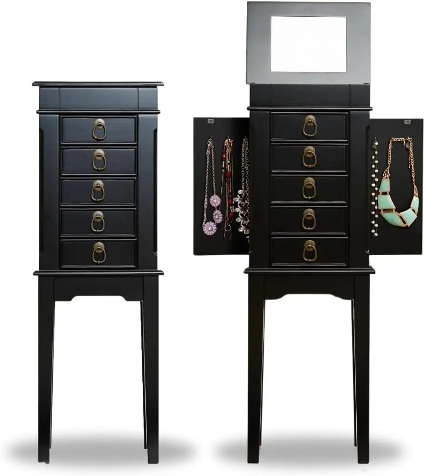 

Jewelry Armoire - Modern Wood Storage Organizer with Necklace Hooks, 5 Drawers, and Vanity Mirror, Black
