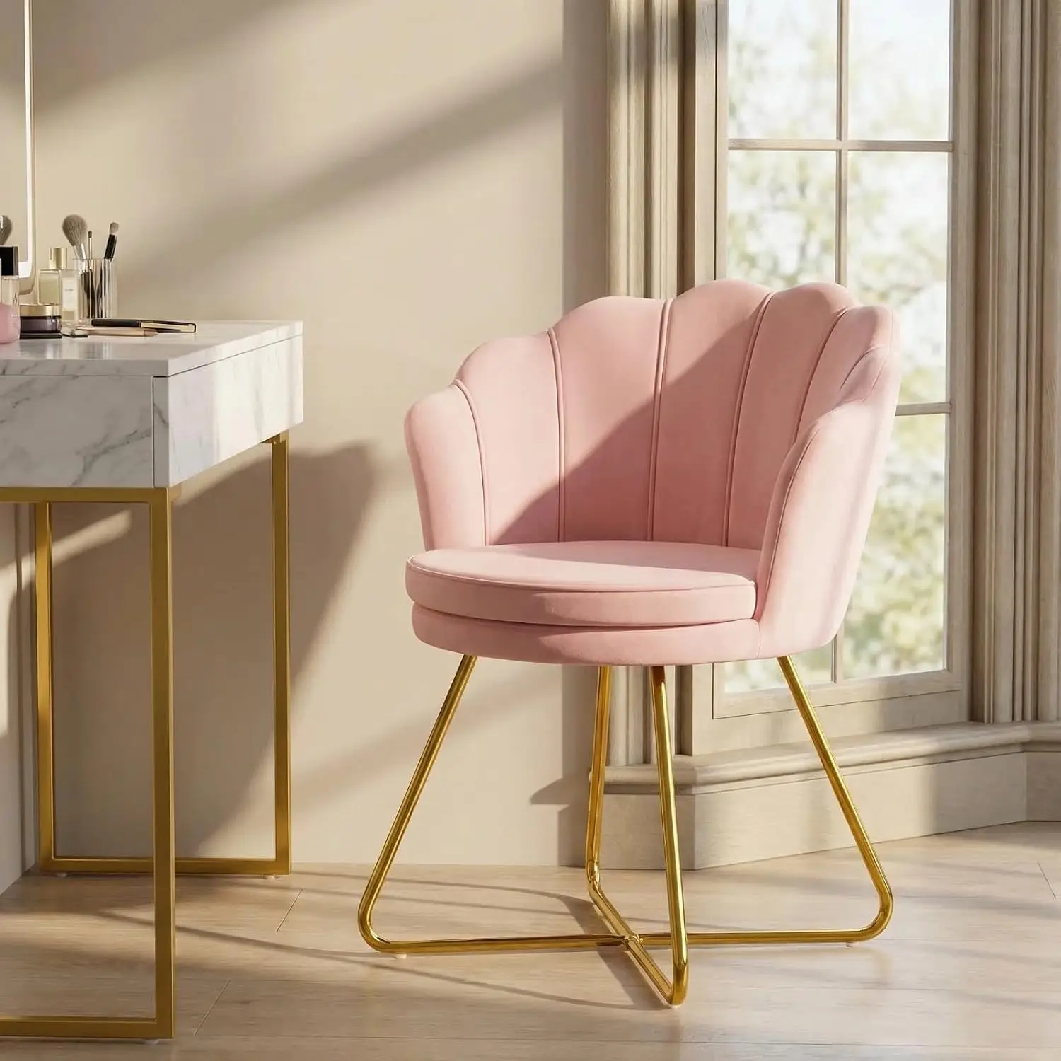 Velvet Shell Vanity Chair with Back, Criss Cross Gold Legs, Bedroom Living Room Makeup Seat, No Wheels, Customized