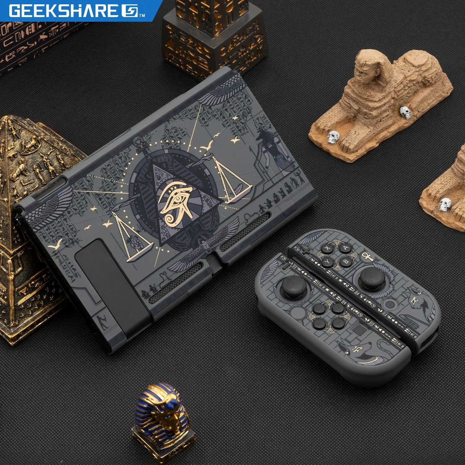 GeekShare 닌텐도 스위치 케이스, 신비한 이집트 파라오 블랙 스플릿 하드 커버, 뒷면 거프 쉘, 닌텐도 스위치 액세서리