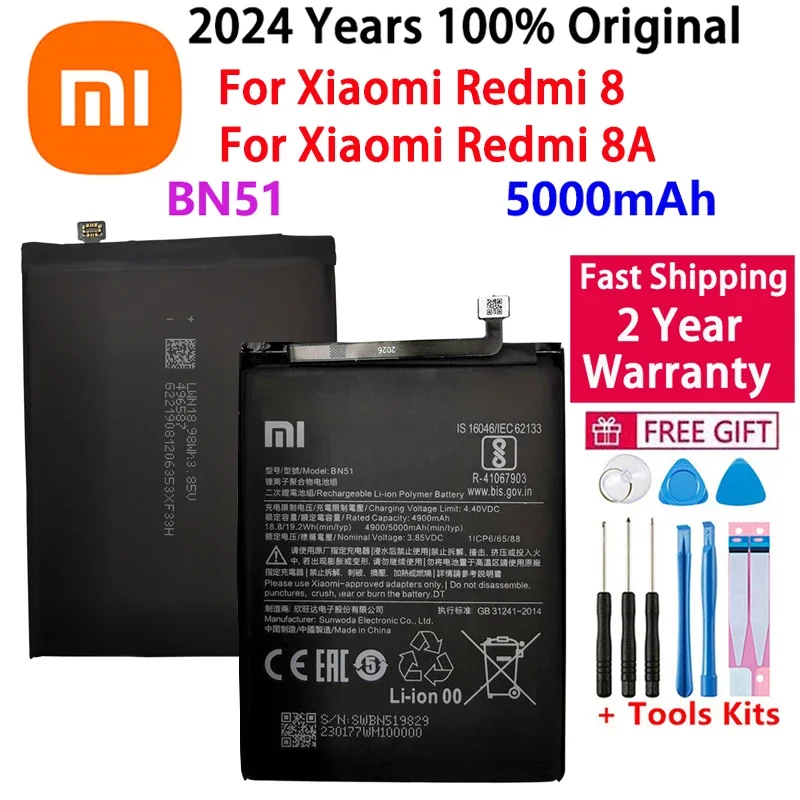 2024 Years 100% Orginal BN51 5000mAh Battery For Xiaomi Redmi 8 Redmi 8A Redmi8 Replacement Batteries Bateria Fast Shipping