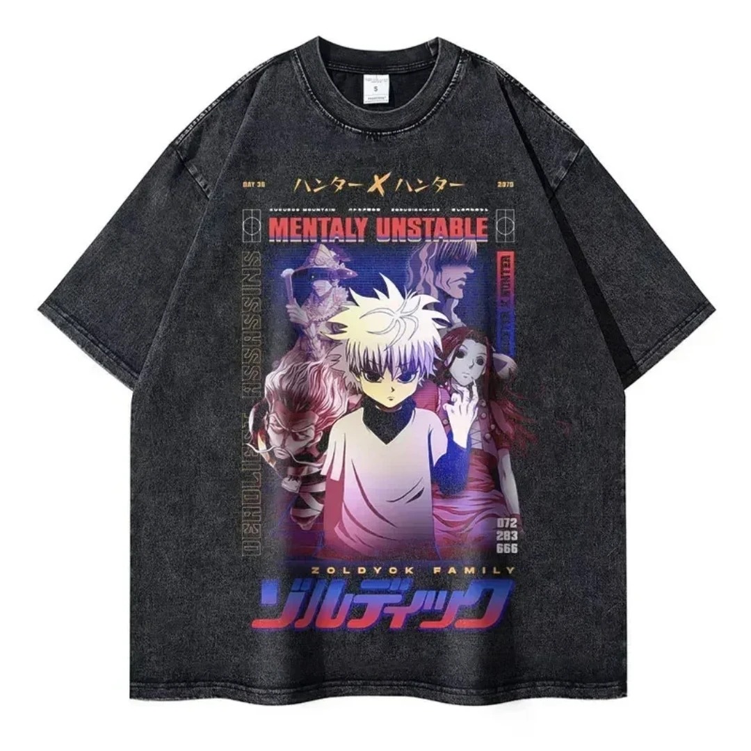 Vintage Washed Oversized Hunter X Hunter Anime T-shirt Kurapika Graphic Tee Men Women 100% Cotton Manga Killua Zoldyck Gon Hisoka Chrollo Casual Streetwear Tops
