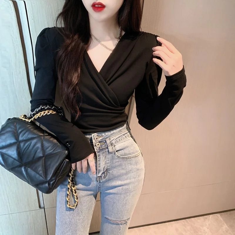 Tops Woman Plain Autumn Winter Long Sleeve T Shirt for Women Cross V Neck Japanese Vintage Fashion Clothing Female Pulovers Sale