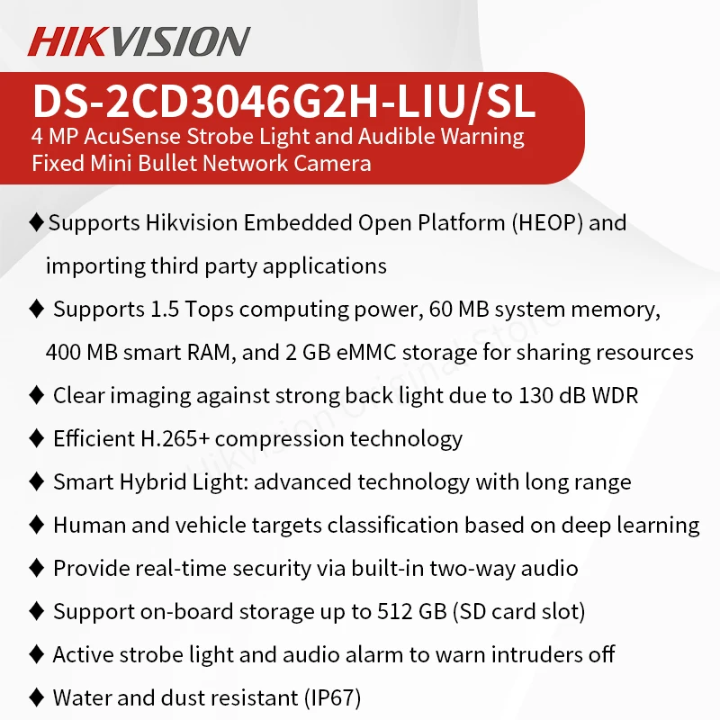Hikvision Smart Sound e Light Alarm Bullet Camera, Two-Way Talk Segurança CCTV, Detecção de Veículo Humano, 4MP, DS-2CD3046G2H-LIU, SL