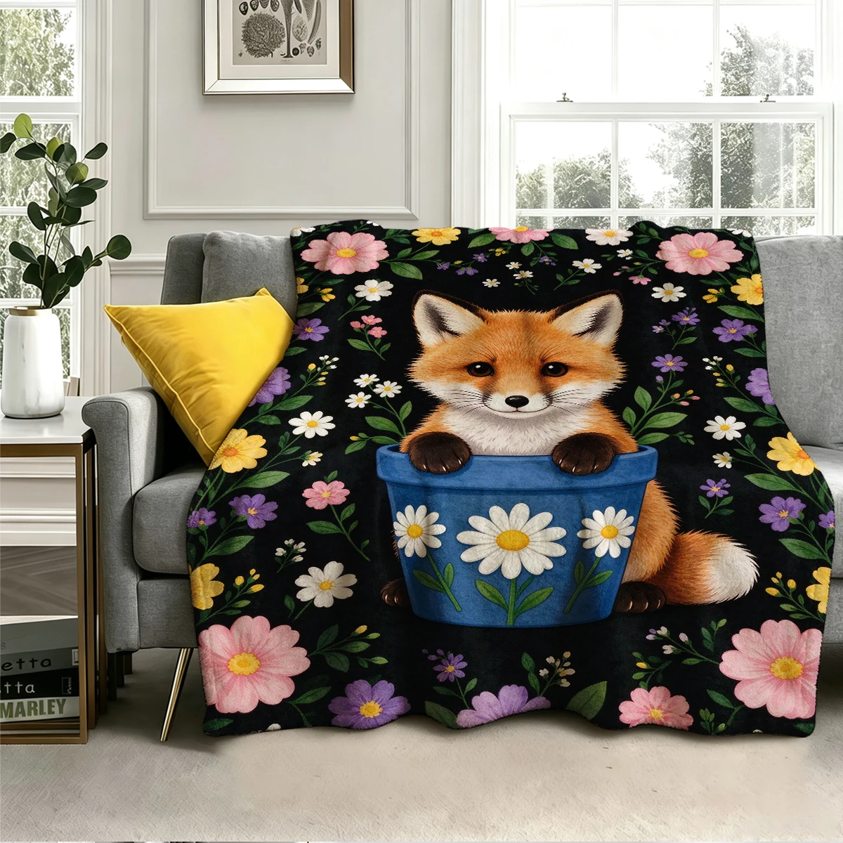 Fox in Blue Flower Pot Flannel Blanket Warm Soft Halloween Christmas Decorative Couch Warm Cozy All-Season Gift