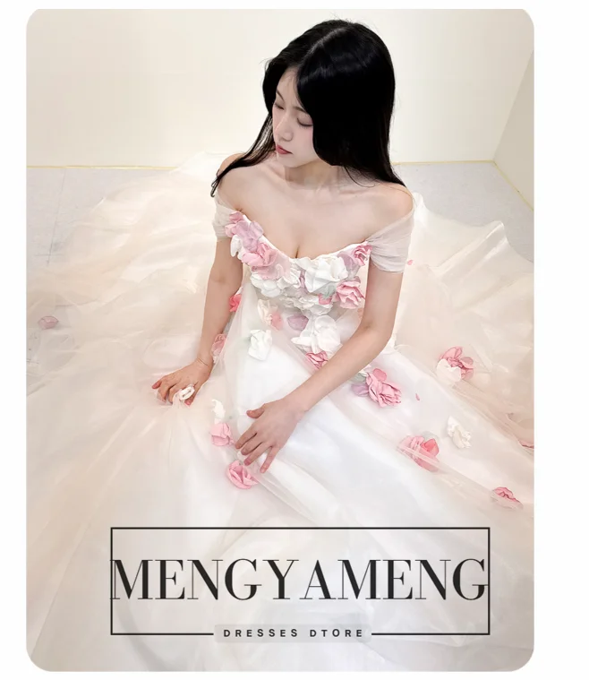 ZHUISHU 3D Flowers Fairy Korean Wedding Dresses Off the Shoulder Corset Back Bridal Gown Customized Photo Shoot Party Gown