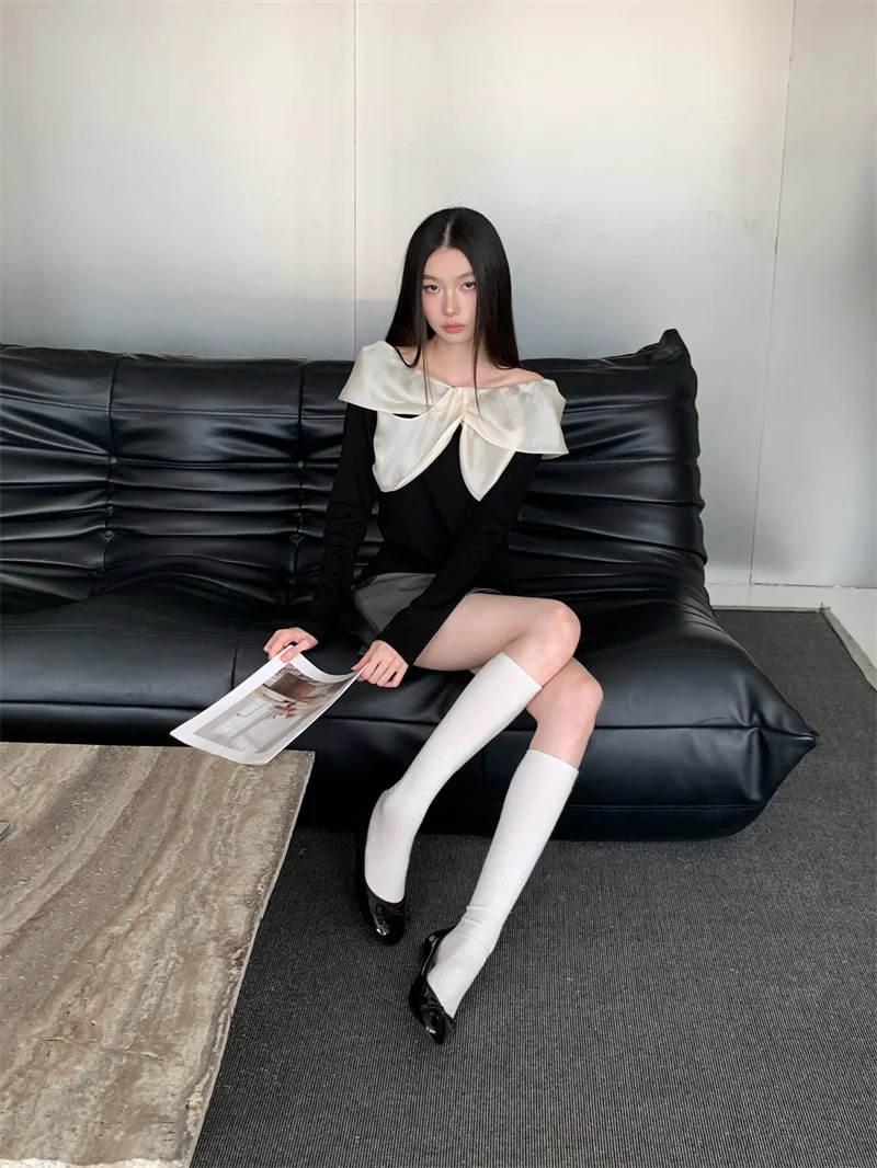 CHEERART Designer 2025, Herbst-Strickoberteil, Langarmbluse, Damenfliege, schwarze Strickwaren, niedliche modische Top-Kleidung