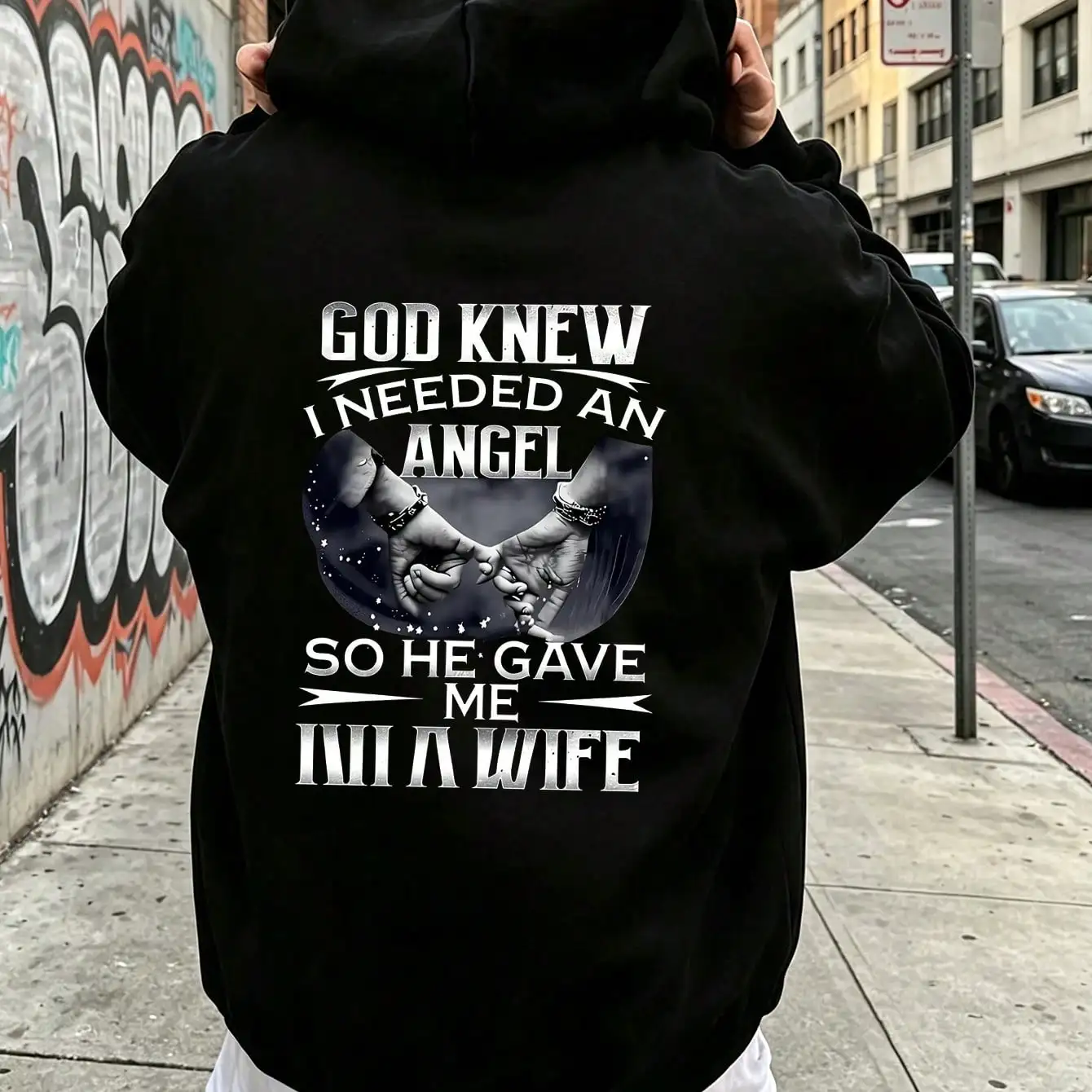 Unisex Hoodie Angel Wife Quote Print Black Hoodie, Hoodies For Men Lightweight Polyester Material, Drawstring, Machine