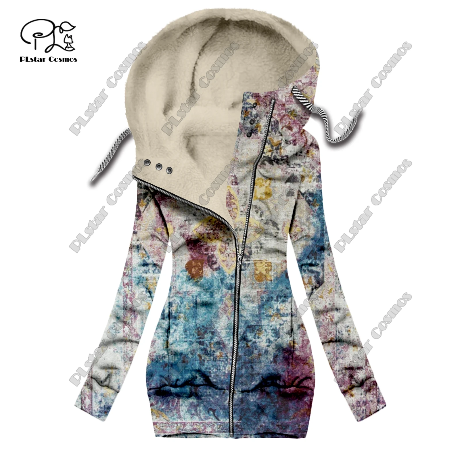Nueva serie retro con estampado 3D, alfombra floral, patrón de tótem, además de terciopelo cálido, sudadera larga con cremallera para mujer, F-1 informal de invierno