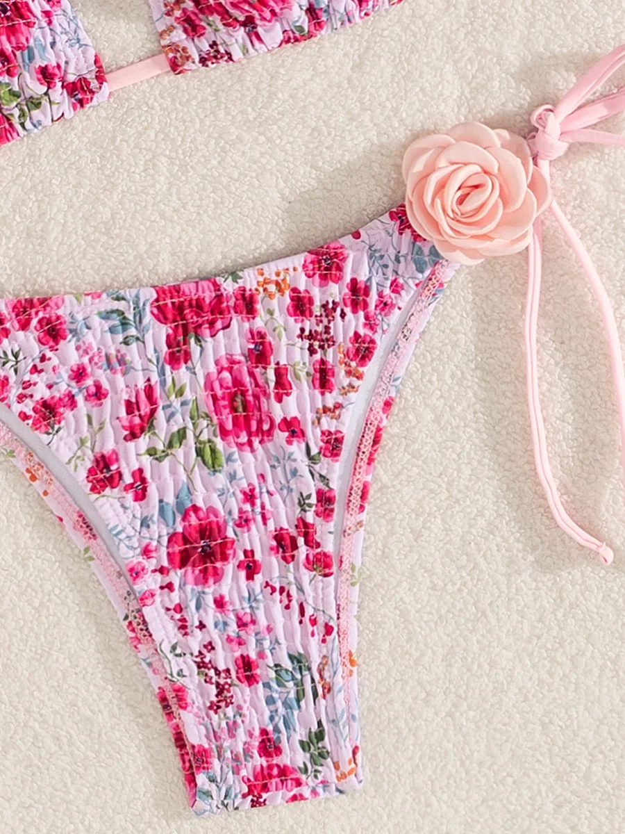 Bikini Plissé Imprimé Fleurs 3D pour Femme, Maillot de Bain Deux Pièces, Col Licou, Style Brésilien