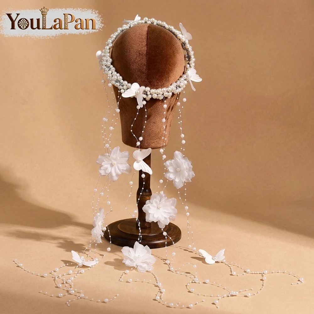 YouLaPan Boho Handmade Flower Butterfly Tassel Bridal Headband Pearl Wedding Hair Accessories for Long Hair Bridesmaid YXA424