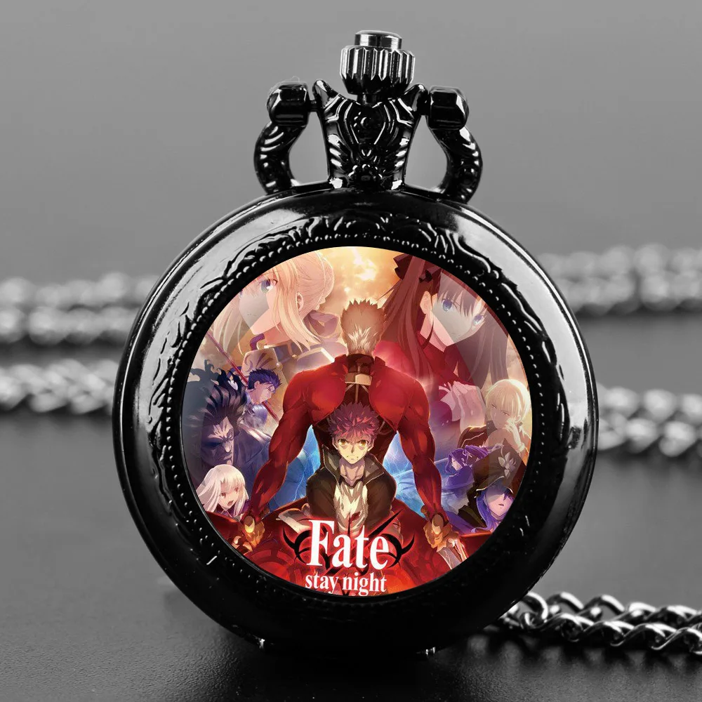 Fate/Stay Night orologio da tasca al quarzo con cupola in vetro a tema classico quadrante con numeri arabi con catena durevole per regali creativi da uomo