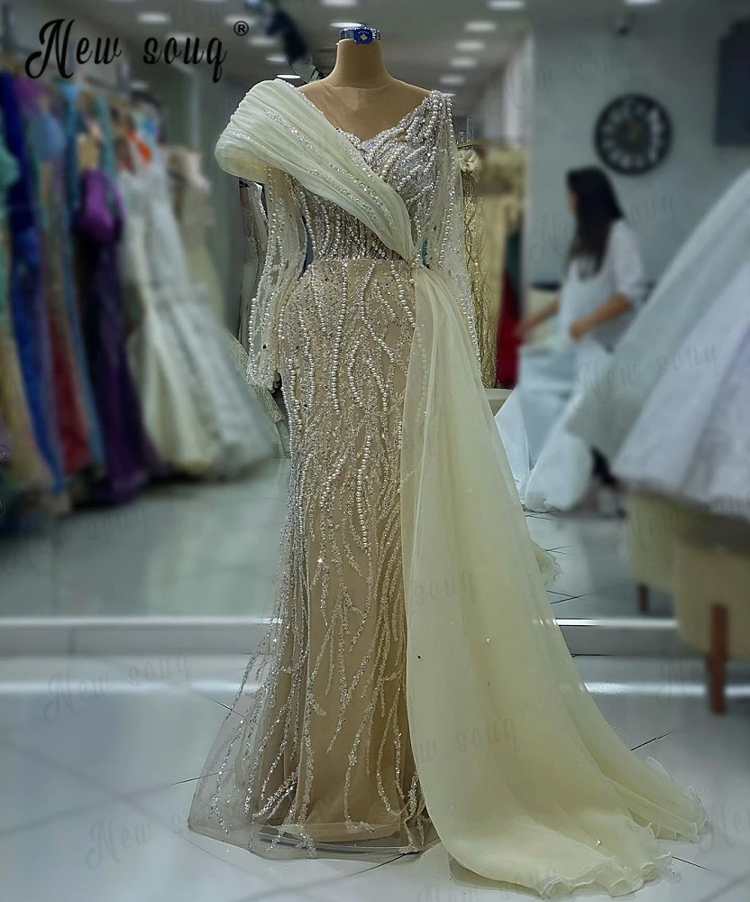 Vestido de fiesta de boda árabe champán claro para mujer, vestido de compromiso musulmán de manga larga con sobrefalda, vestido de perlas de marfil