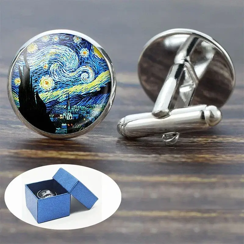 ゴッホの星月夜太陽油絵ガラス合金カフスボタン　男性向けおしゃれなアクセサリー　ビジネスマンへのエレガントな贈り物