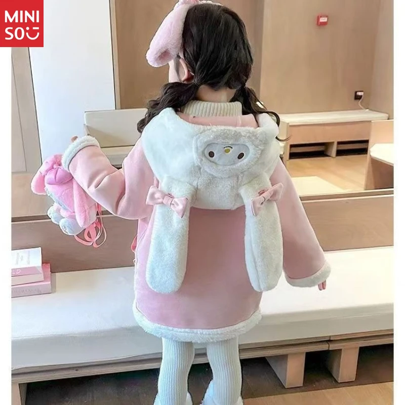 

Miniso Girls' Cinnamoroll Hooded Coat, Plush Fleece-Lined Longline Winter Jacket 2025, Cute & Warm