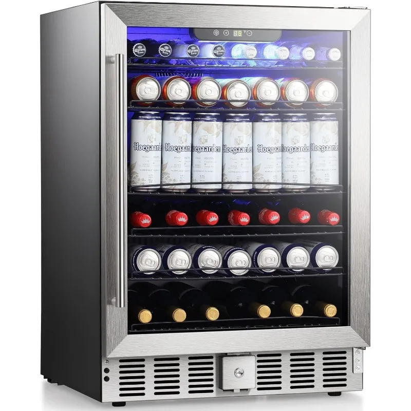 

5.1 Cu.Ft Beverage Refrigerator, 24 Inch-166 Can Wine Cooler,Low Noise,Transparent Glass Door, Stainless Steel,Efficient Cooling
