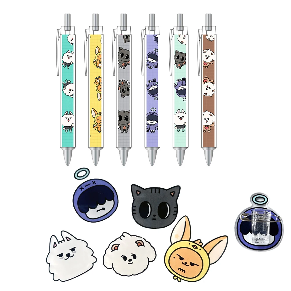 Kpop Pen Brooch Set Cartoon Cute Ballpoint Pen Student Black Writing Pen Acrylic Pins Accessories Yeonjun Soobin Fan Collections