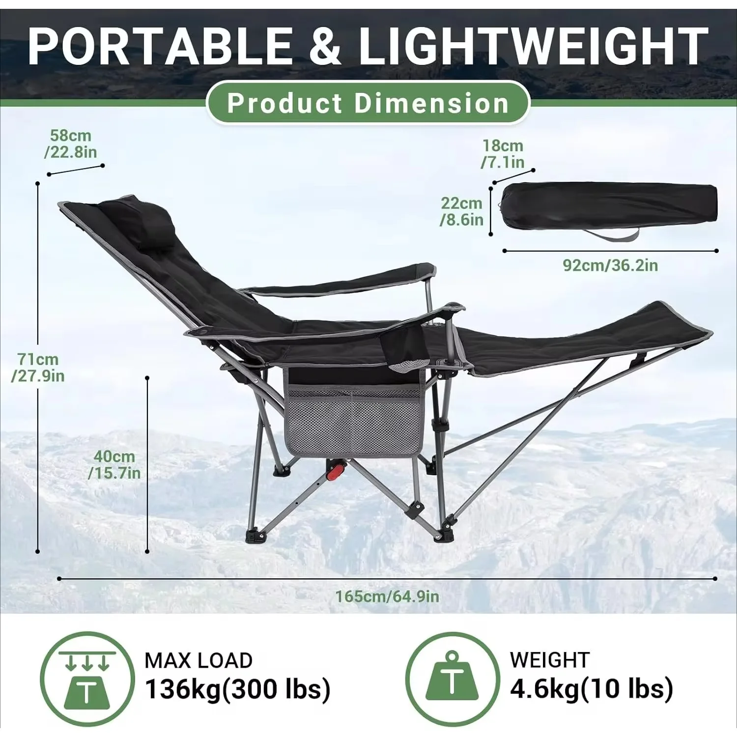 2-in-1 Camping Chair Reclining,Lightweight Folding Camping Chair with Adjustable Backrest & Footrest,Camping Lounge Chair,2 Pack