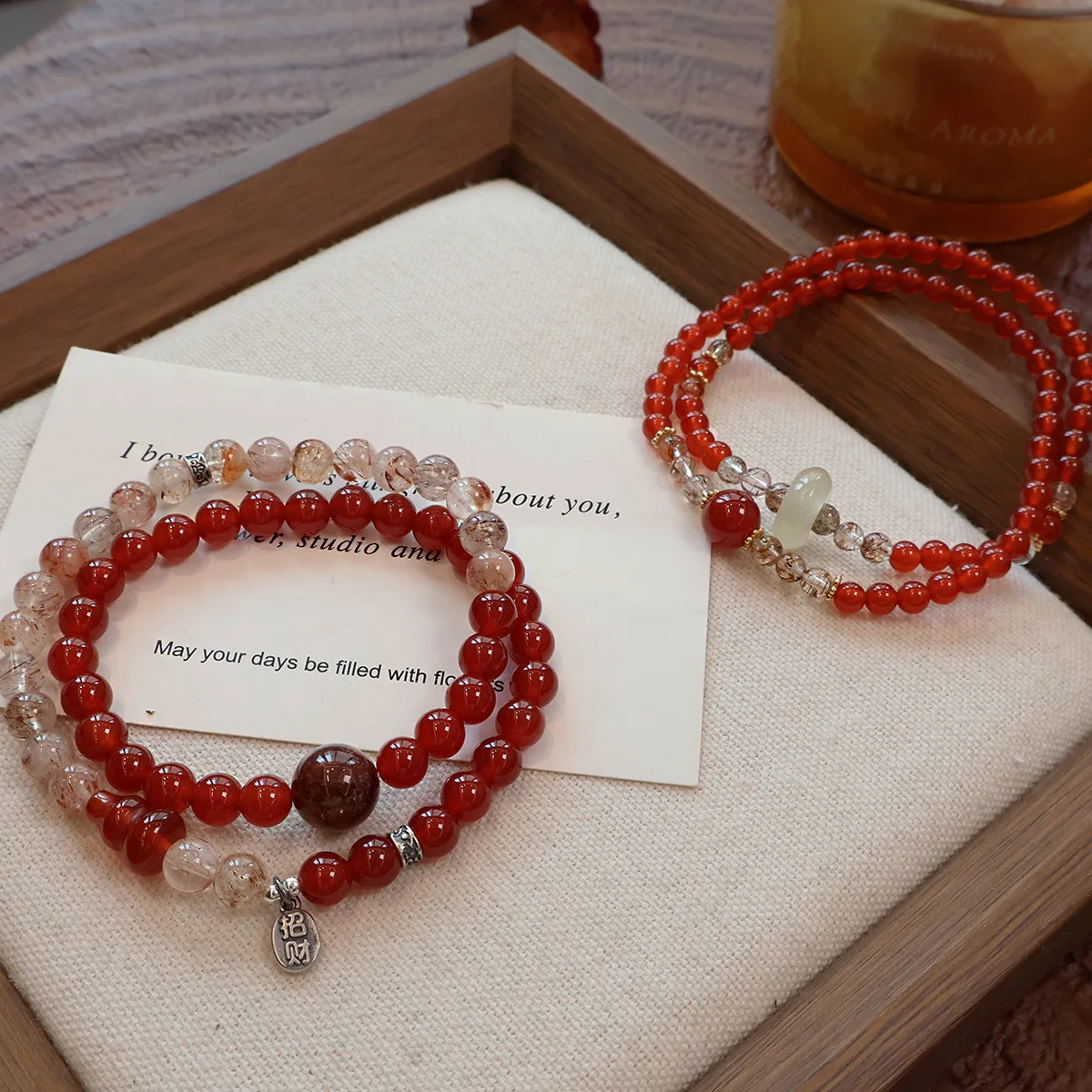 Natural Red Agate Double Loop Beaded Bracelet Women Crystal & Runner Ring Charm Elastic Stretch Wristband Fashion Hand Jewelry