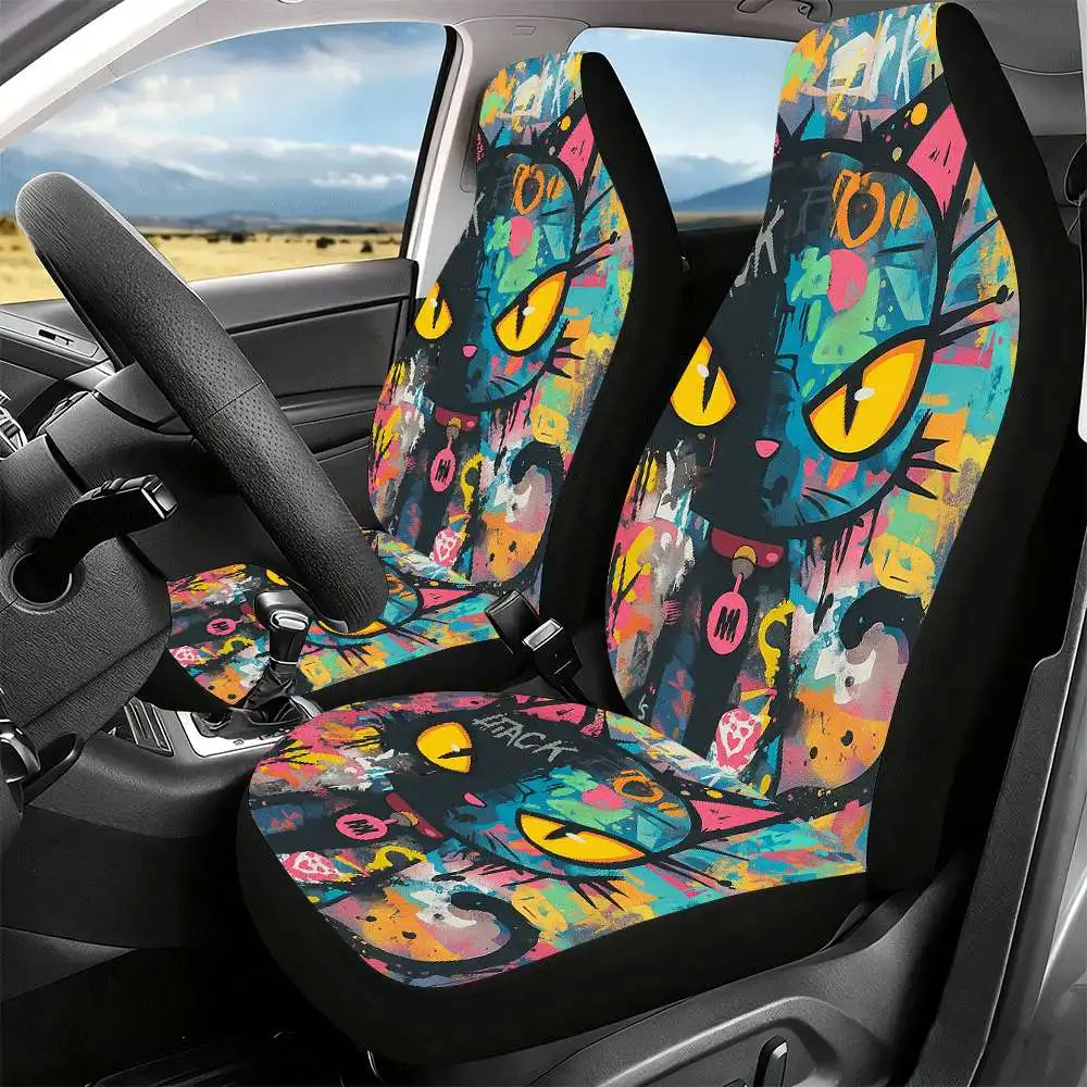 2pcs Graffiti Black Cat Car Seat Covers - High Back Design, Polyester Material, Suitable For Front Seats, Cars, SUVs, Trucks, Wo