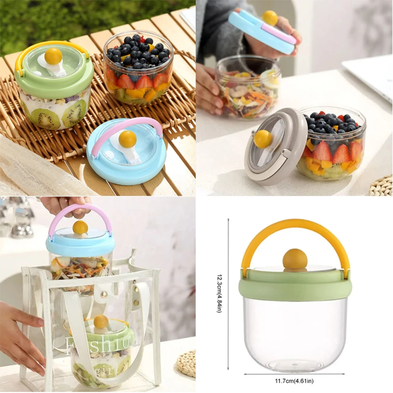 Taza de ensalada a prueba de fugas estilo INS con cuchara, caja redonda transparente para frutas de mantenimiento fresco, taza de avena sellada portátil para desayuno
