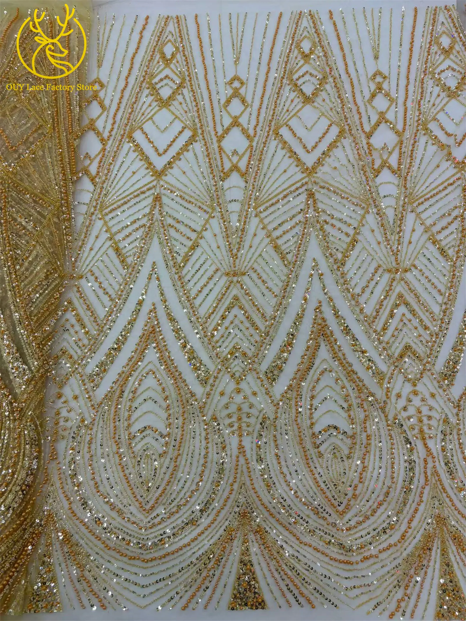 Afrikanischer Perlenstickerei-Spitzenstoff, 5 Yards, hochwertiger, eleganter Pailletten-Spitzenstoff, grün, nigerianisch, für Hochzeits- und Abendkleider – Detail 7