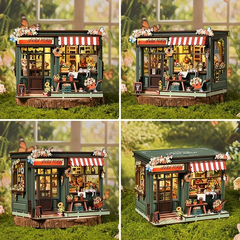 

Diy Miniature House Flower Shop Book Nook Wooden Assembly Building Model Miniature Scene Home Decor Hobby doll house Unzip toy
