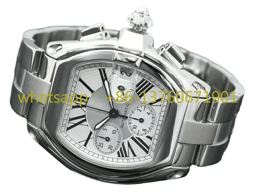 New Mens Quartz Chronograph Watch Stopwatch Stainless Steel Roadster Fashion Black White Rome Dial