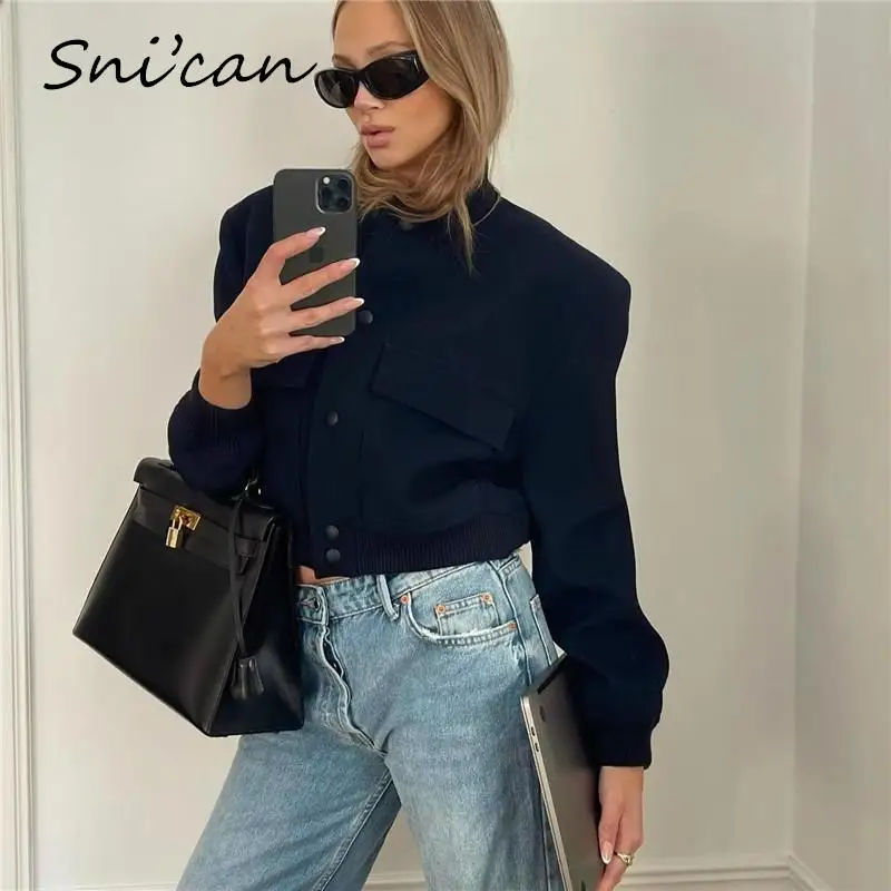 Solid Navy Women Jacket Vintage Warm Winter  Large Pockets Crop Tops Oversize Casual Office Ladies Outwear  abrigos mujer Coat