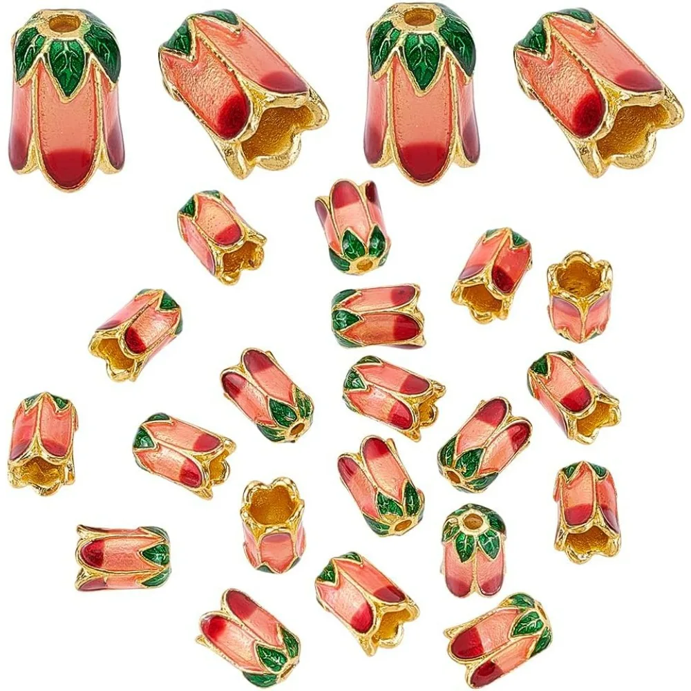 20pcs Trumpet Flower Beads, 11x8mm Flower Bead Caps Golden Alloy 5-Petal Floral Beads with Pink Enamel Loose Spacer Bead Caps