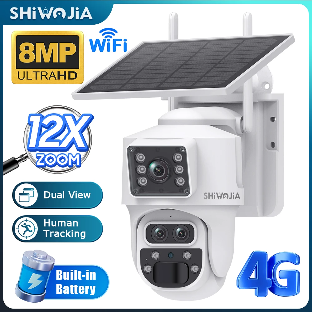 SHIWOJIA Three Lens Solar Camera 4G SIM 8MP 12X ZOOM WIFI Security Solar Powered Camera PIR Monitor CCTV Video Night Vision PTZ