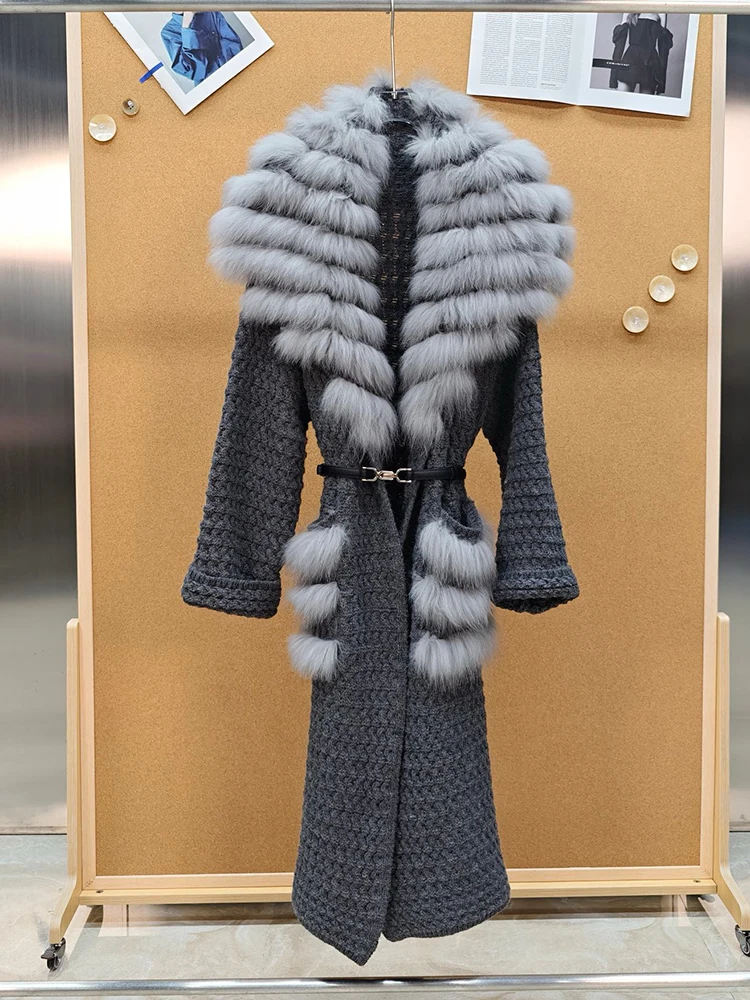 New Arrival Women Winter Coffee Big Real Fox Fur Collar Sweater Coat Lady's Thick Slim Belt Sweater Knitted Coat