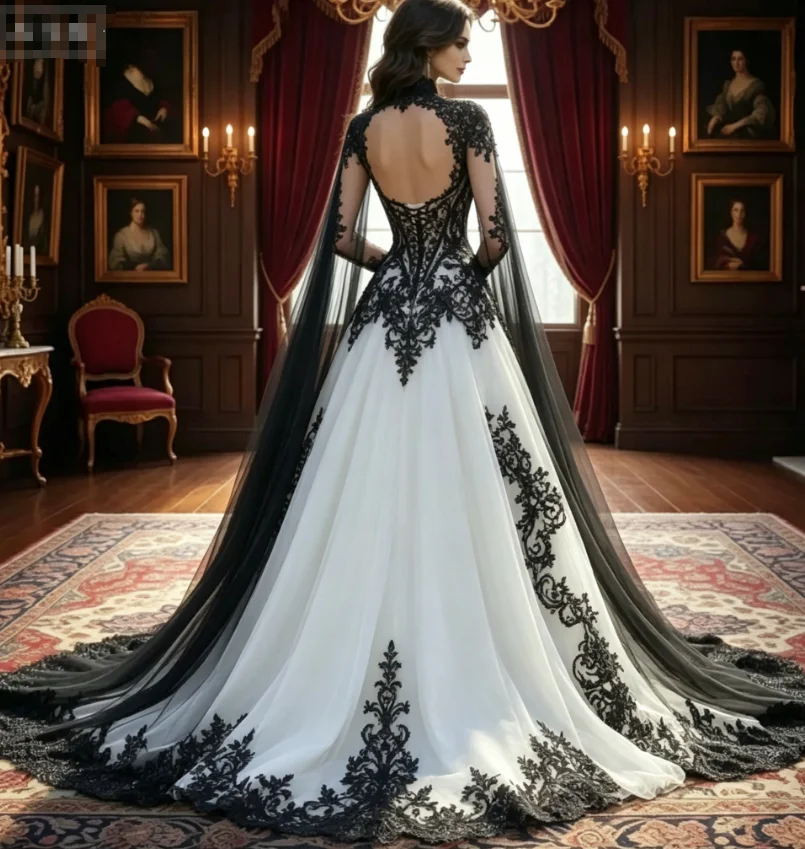 Customized Black White Gothic Wedding Dresses Victorian Lace Appliques A-Line Bridal Gown With Cape Train Civil Vampire