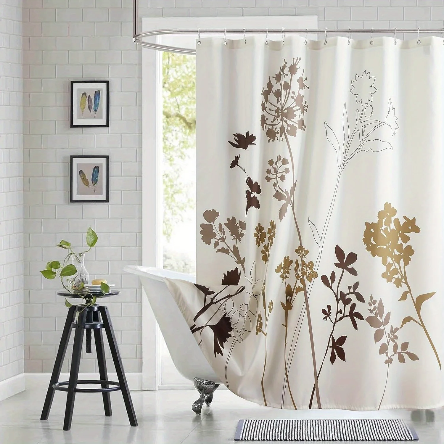 

1pc Shower Curtain, Beige Cream Floral Shower Curtain Plant Shower Curtains for Bathroom, Bathroom Curtains