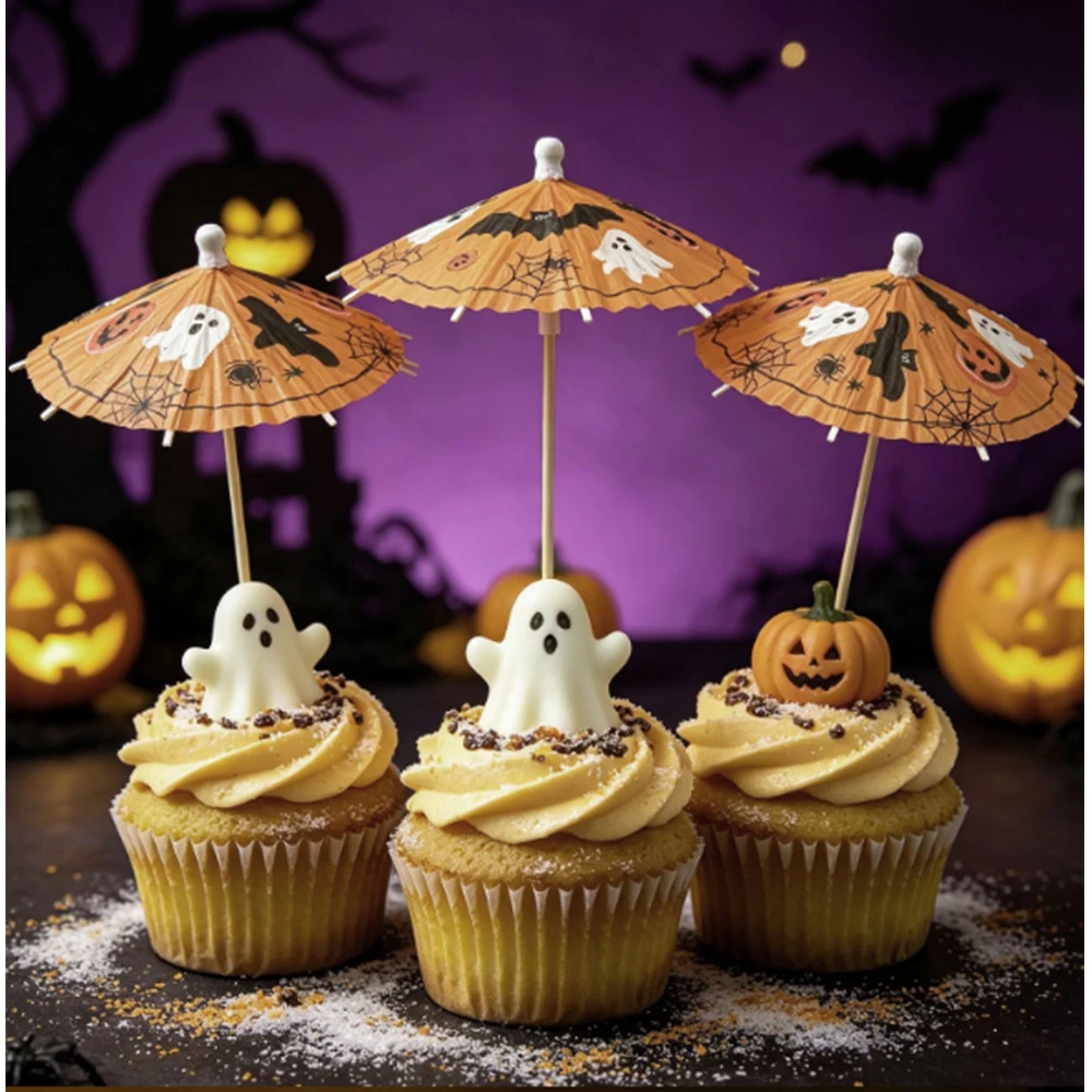 10/50/100 Stück Halloween Papier-Cocktail-Schirme Kürbis Fledermaus Mini-Cocktail-Schirme für Getränke-Dekoration Bar-Getränke-Deko – Detail 6