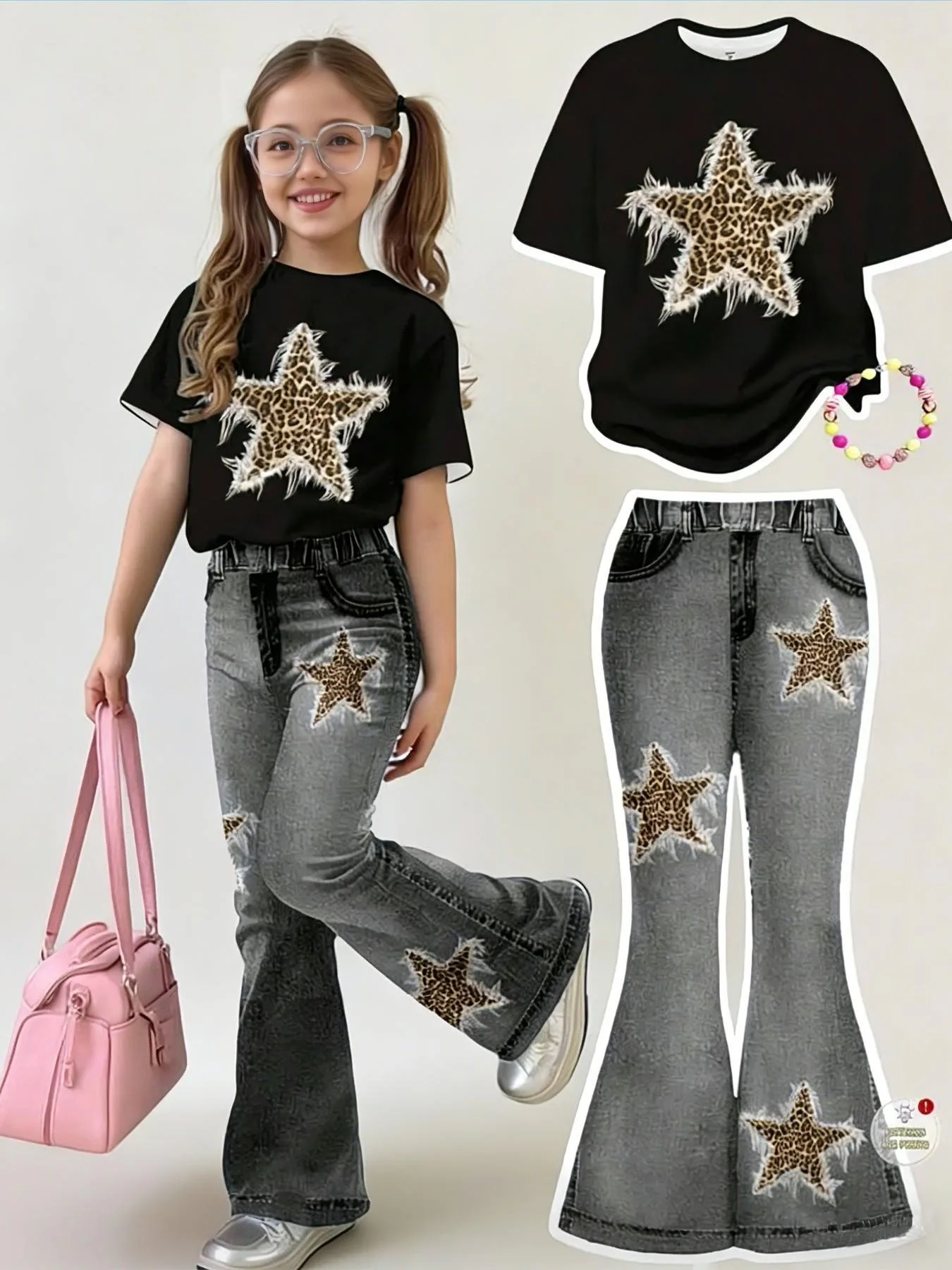 Trendy Tween Girls 2Pcs Frayed Leopard Star Print T-Shirt & Denim Flare Pants Set Kids Summer Casual Streetwear Holiday Daily Outfit