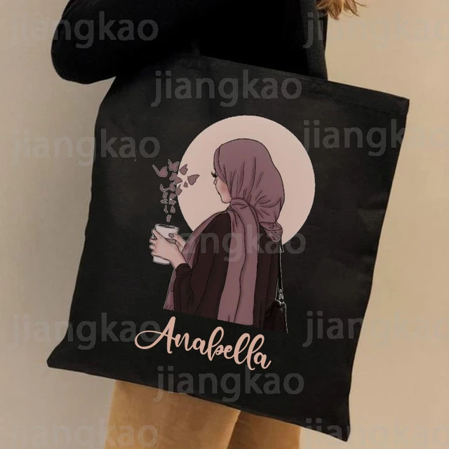 Personalised Hijabi Girl Shoulder Bag Female Travel Canvas Bags Muslim Girls Gifts Custom Name Handbag Harajuku Totes Eid Gifts AliExpress