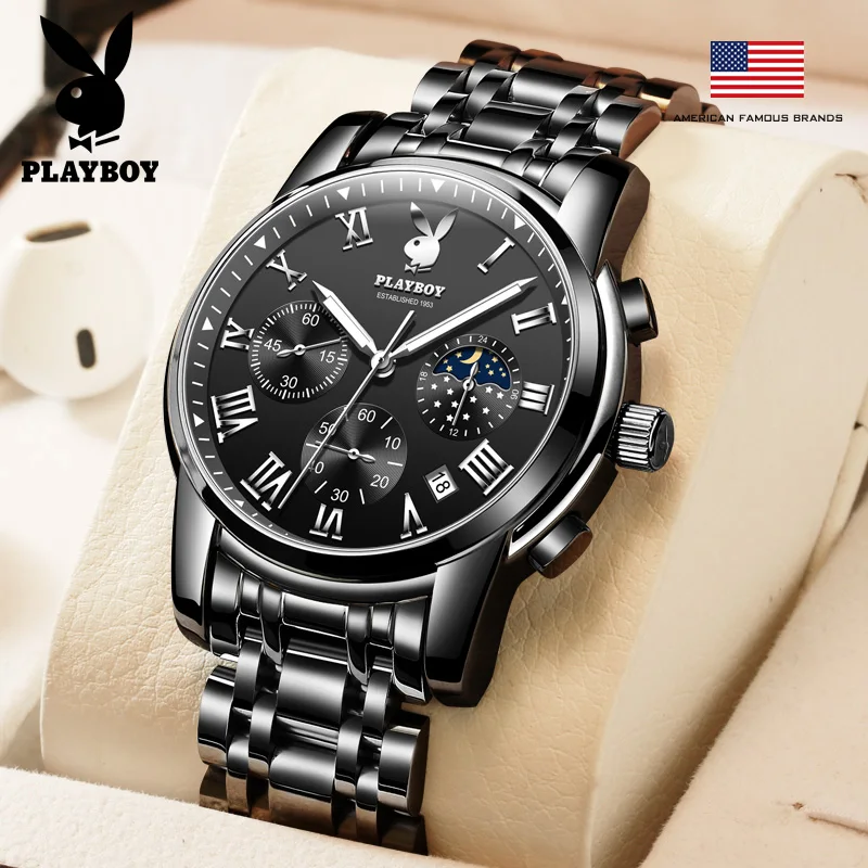 

PLAYBOY Top Brand Quartz Watches for Men Waterproof Moon Phase Luxury Men's Watches Elegant Fashion Original Wrist Watch Men