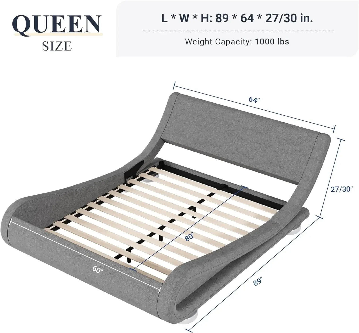 Allewie Queen Size Bed Frame with Ergonomic & Adjustable Headboard, Low Profile Modern Upholstered Platform Sleigh Design