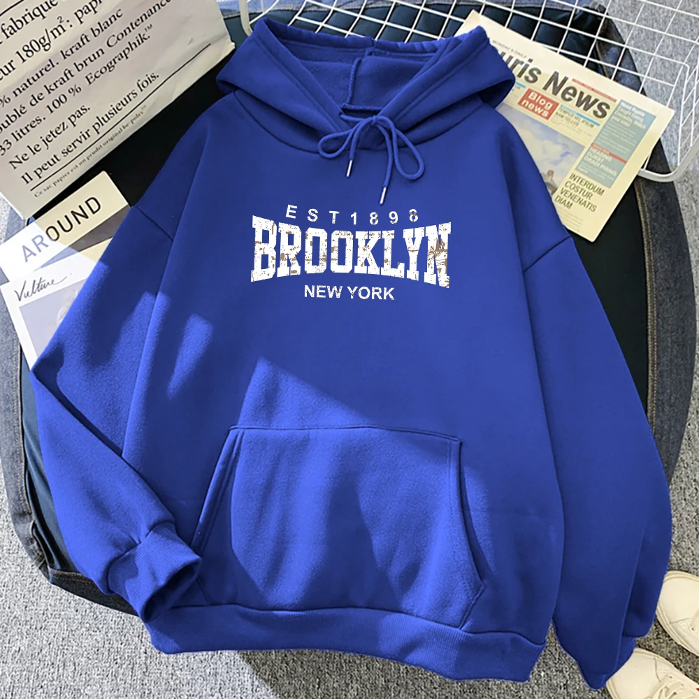 Brooklyn Est 1898 New York Printed Hoodies For Women Vintage Fleece Pullover Trendy Creativity Clothes Pocket Loose Female Hoody