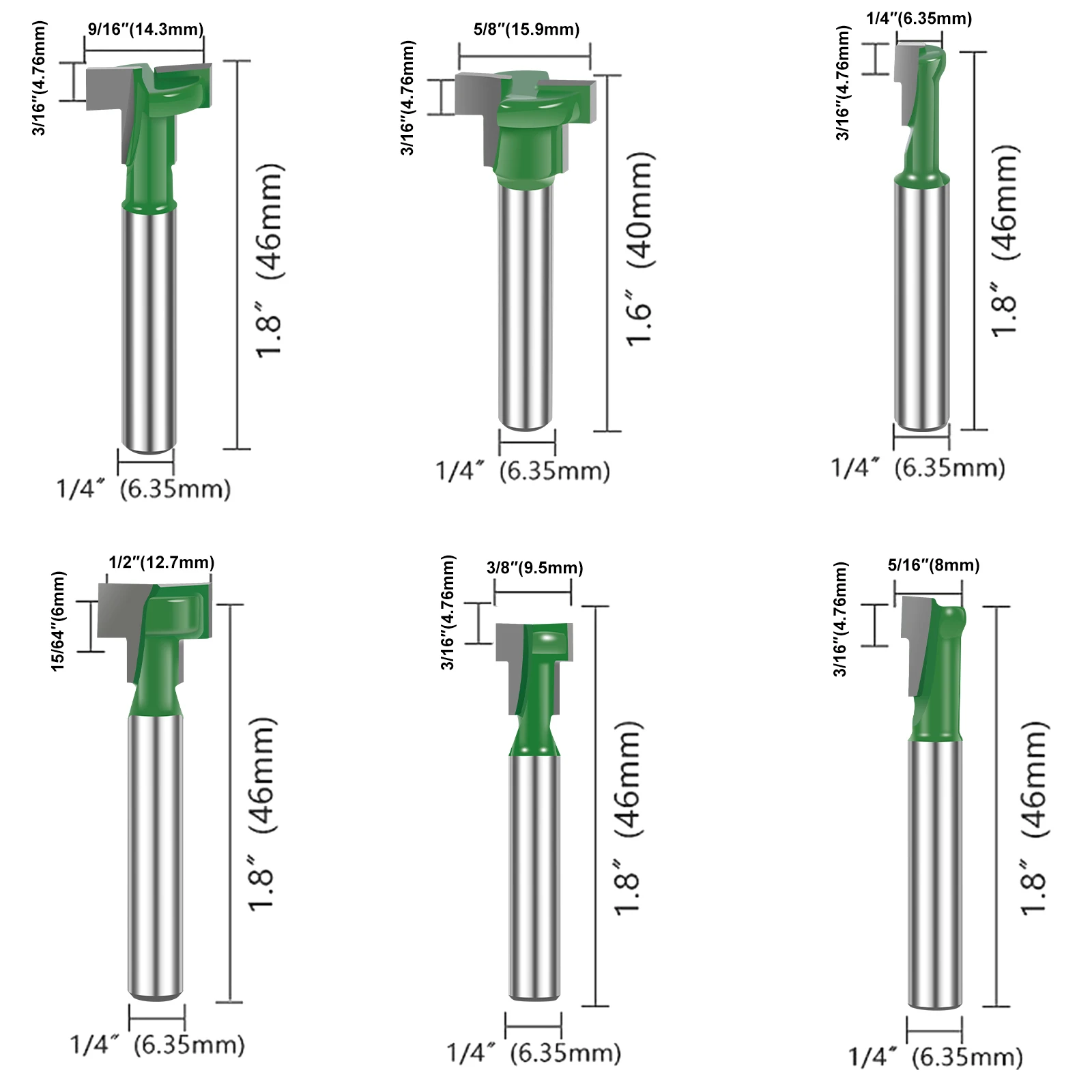 6Pcs 1/4inch Shank Keyhole Router Bits Set Carbide T Slot Router Bit Multipurpose T-Track Grooving Router Bit Woodworking