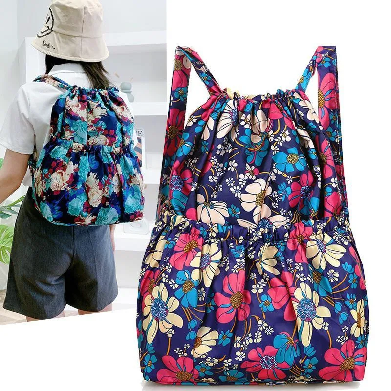 Nylon Drawstring Flower Design Bundle Pocket Backpack Women's Outdoor Sports Bag Mommy Large Capacity Backpack