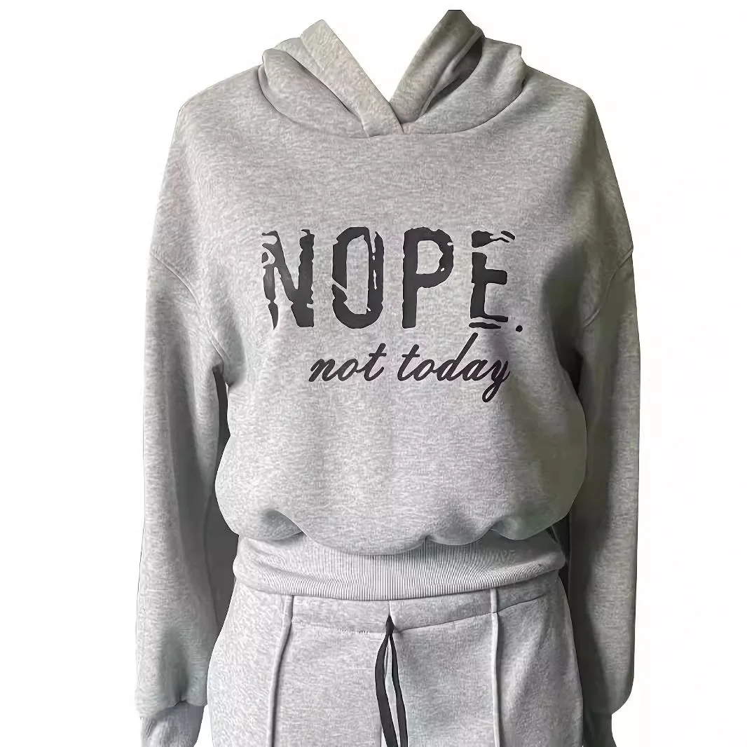 Setelan Olahraga Wanita Hoodie Sablon Huruf Warna Solid Lengan Panjang Celana Kulot Pakaian Musim Gugur Musim Dingin Wanita