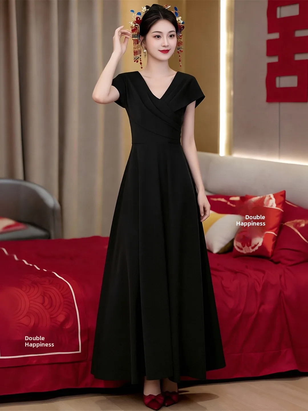 Elegant Red Wedding Dress Slimming Evening Gown for Bride-to-be Return Home Dinner Party Engagement Simple A-Line Skirt