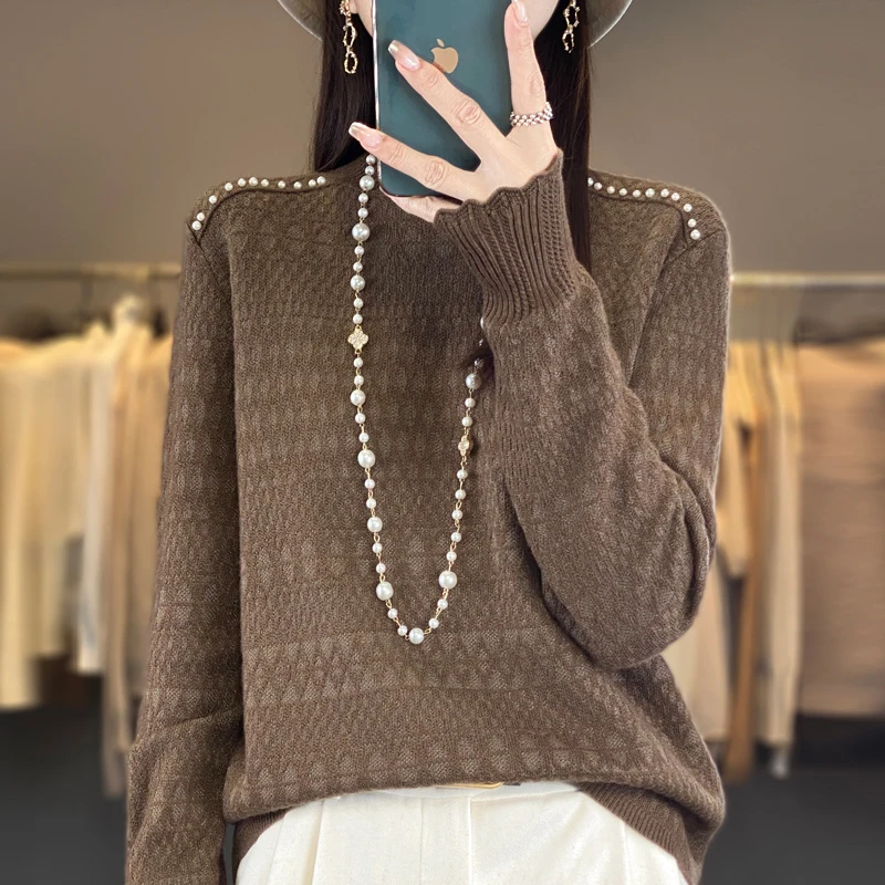 

2024 Autumn/Winter New 100% Pure Wool Knitted Sweater Women's Half High Collar Jacquard Multi Color Boutique Top