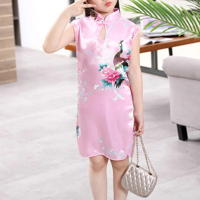 Cheongsam Dress Baby Girl Qipao Summer Clothes Peacock Sleeveless Slim Traditional Dress Child Girls Clothes Chinese Style