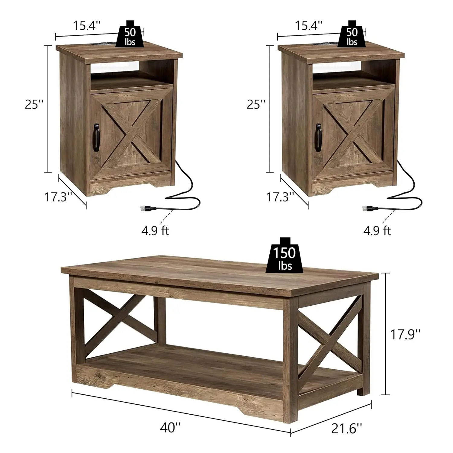 커피 테이블 3피스 팜하우스 거실 테이블 세트, 커피 테이블 1개, 충전 스테이션 및 USB 포트가 있는 엔드 테이블 2개 포함