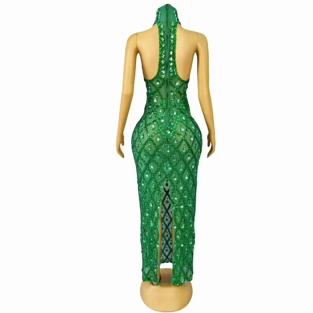 Birthday Green Dresses for Women Luxury Evening Sleeveless Glitter Sequined Celebrity Gowns Night Party Long Dress Shaokaijia