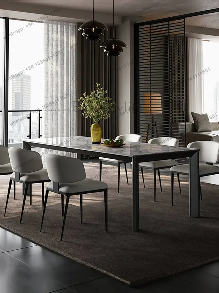 Luxury Rock Slab Dining Table High-end Restaurant Rectangular Stainless Steel Large Flat Floor Rock Slab Dining Table And Chair