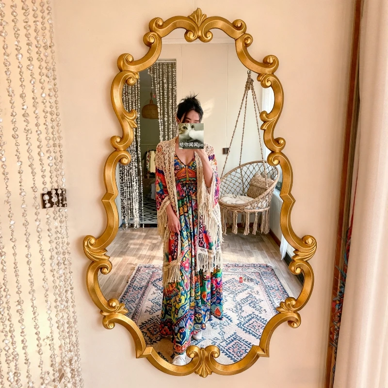 

French retro full-length mirror home living room entrance wall-mounted full-length mirror European light luxury